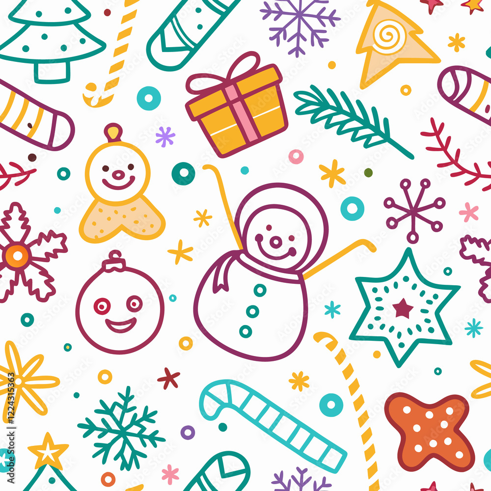 Naklejka premium Colorful Christmas doodle seamless pattern. (8)