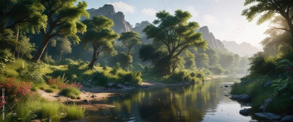 Lush vegetation lining the banks of a winding river, woodland creek, alpine landscape, riverbanks Lush vegetation lining the banks of a winding river, woodland creek, alpine landscape, riverbanks