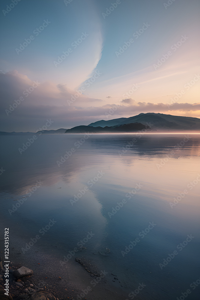 Fototapeta premium Serene Sunset Over Water - Tranquil Landscape with Ocean and Mountains