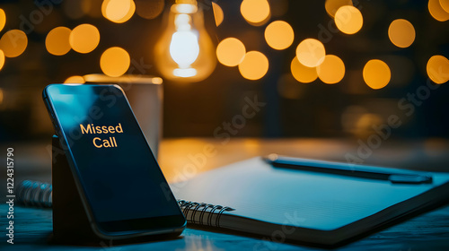 Missed call notification cozy workspace smartphone display warm lighting close-up view communication challenges