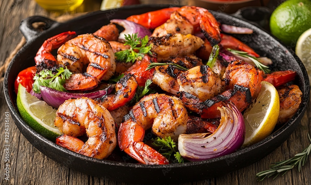 Grilled shrimp with vegetables in a cast iron skillet on rustic wood table Grilled shrimp with vegetables in a cast iron skillet on rustic wood table