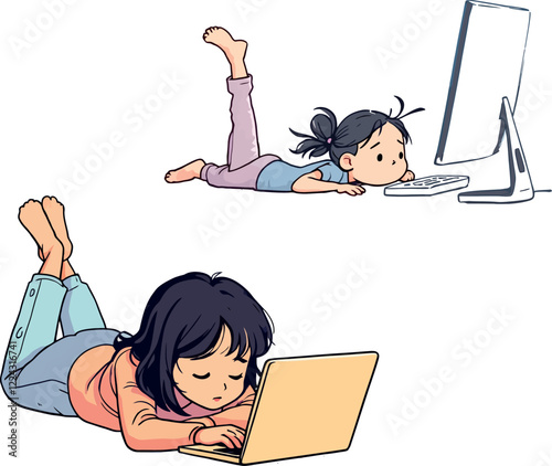 Two young girls using computers, lying on the floor, studying and playing