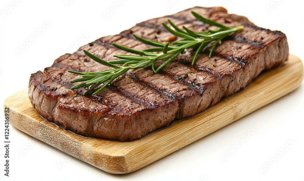 Grilled steak with rosemary on wooden board, white background, for food blogs/menus Grilled steak with rosemary on wooden board, white background, for food blogs/menus