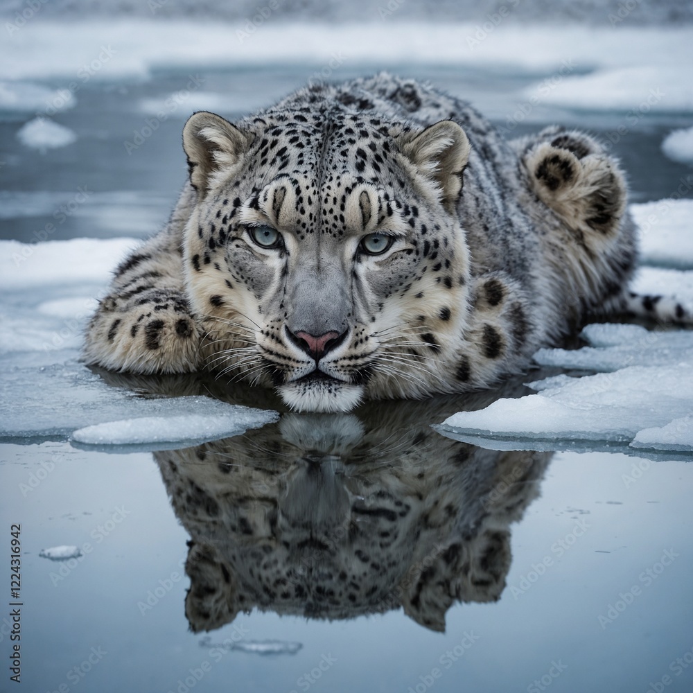 Obraz premium A snow leopard’s elegant form perfectly mirrored in the icy stillness of a frozen lake.