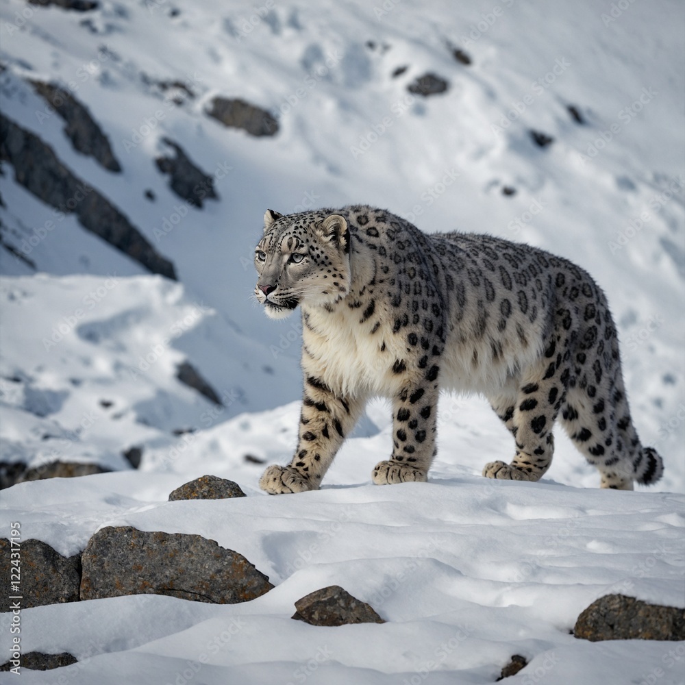 A snow leopard walking across a rocky outcrop surrounded by deep snowdrifts. A snow leopard walking across a rocky outcrop surrounded by deep snowdrifts.