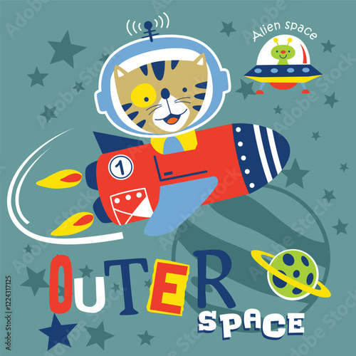 Cat astronaut flying rocket in outer space with playful "Outer Space" text. Space adventure concept
