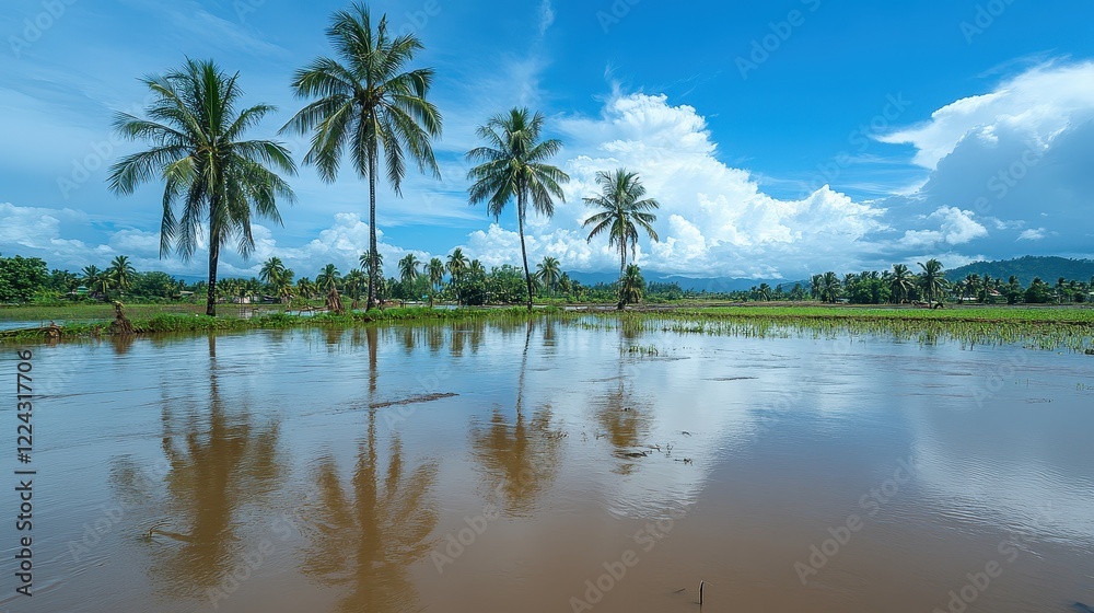 Tranquil flooded rice paddy with palm trees, reflecting in calm water under a blue sky. Perfect for illustrating serenity, agriculture, or climate change impact. Tranquil flooded rice paddy with palm trees, reflecting in calm water under a blue sky. Perfect for illustrating serenity, agriculture, or climate change impact.