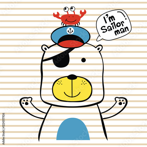 Cartoon bear sailor with eyepatch and crab on hat against striped background. Children's nautical character concept
