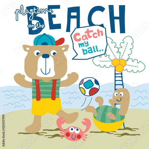 Cartoon bear and seal playing with ball on the beach with crab and palm tree. Children's beach activity concept
