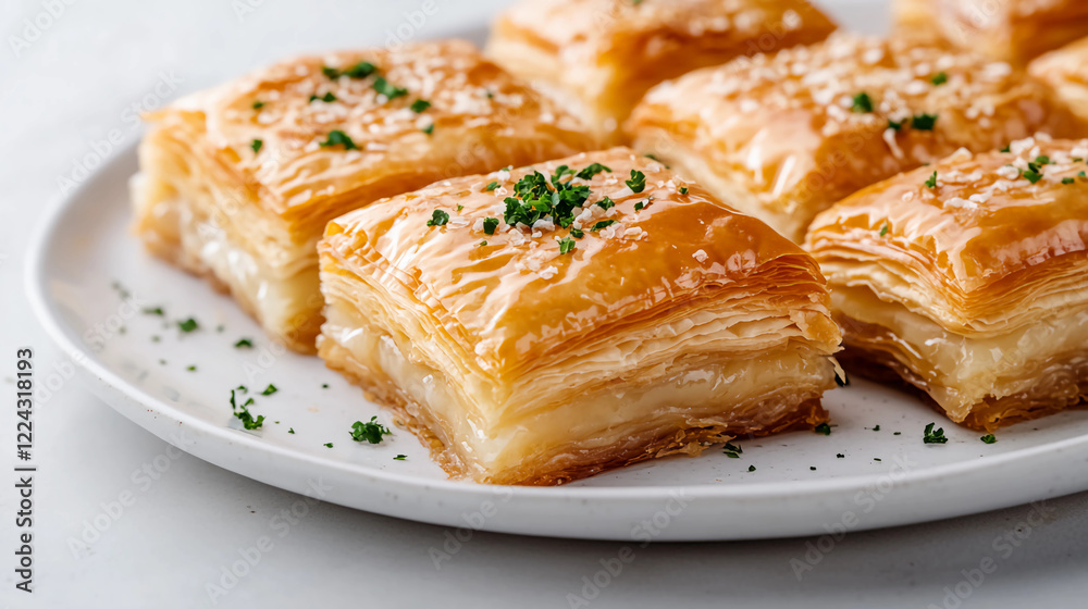 Plate of Golden Baklava Squares with Parsley Garnish, Middle Eastern Delight Plate of Golden Baklava Squares with Parsley Garnish, Middle Eastern Delight