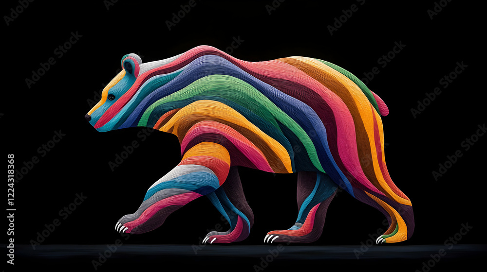Fototapeta premium Colorful wooden bear sculpture art gallery 3d artwork contemporary setting side view artistic expression