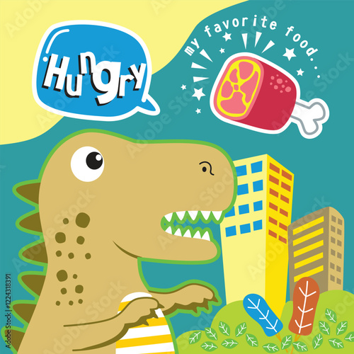 Cartoon dinosaur expressing hunger with favorite food in urban setting. Children's food concept
