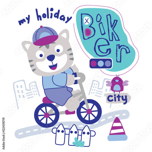 Cartoon tiger riding a bicycle on holiday in urban setting. Children's activity concept
