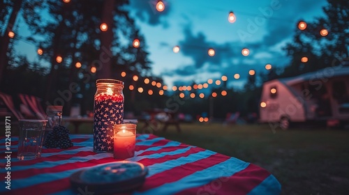 Festive evening campfire scene with string lights, candles, and a patriotic tablecloth; RV in background; perfect for summer holiday celebrations