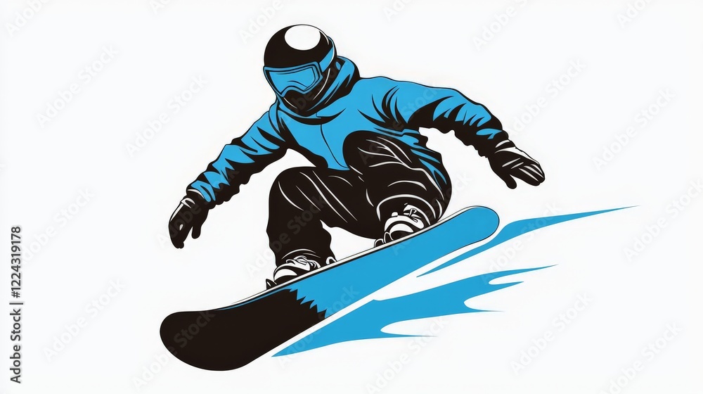 Obraz premium illustration of a snowboarder in blue and black on a white background
