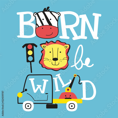 Cartoon wild animals with vehicle and traffic light on blue background. Adventure theme concept
 photo