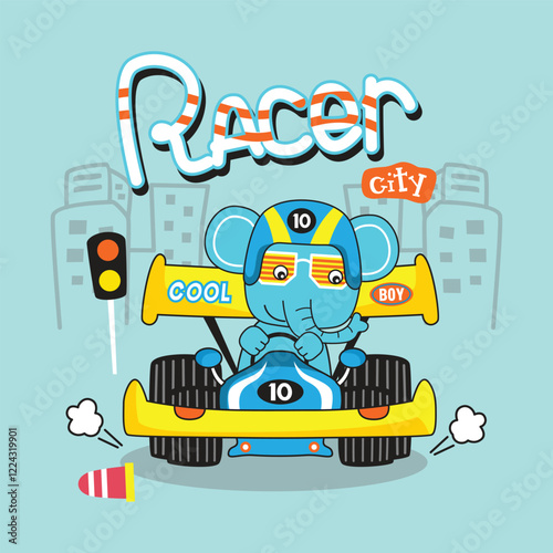 Cartoon elephant driving race car in city with traffic elements. Sports theme concept
