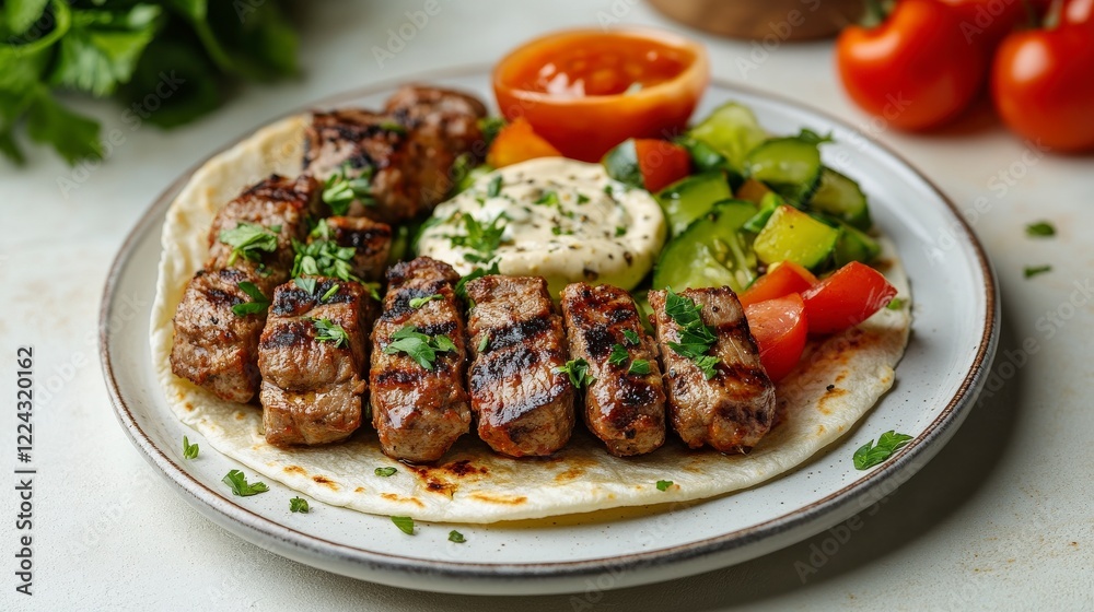 Grilled meat kebab with fresh salad and sauces on a pita bread ready to eat Grilled meat kebab with fresh salad and sauces on a pita bread ready to eat