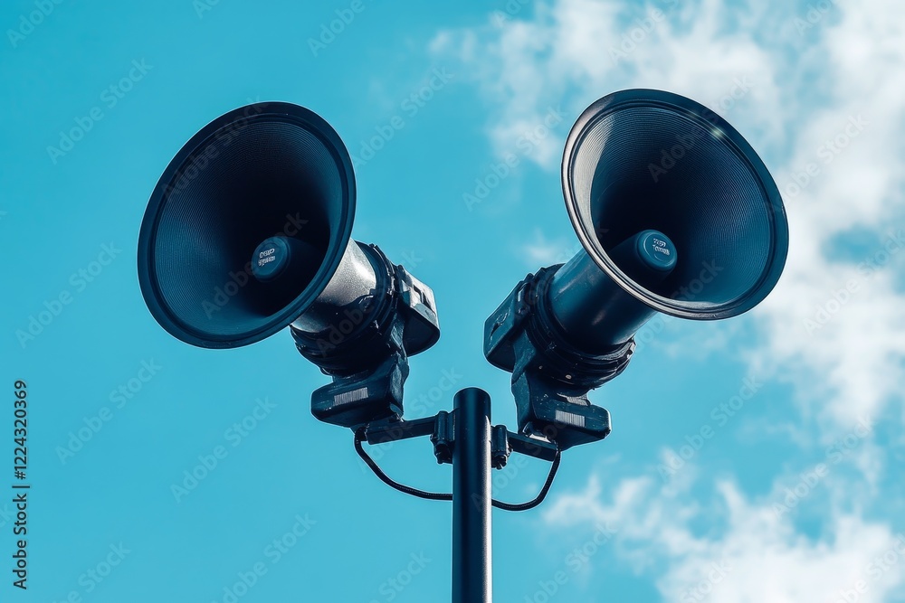 Dual loudspeakers mounted on a pole against a blue sky. Dual loudspeakers mounted on a pole against a blue sky.