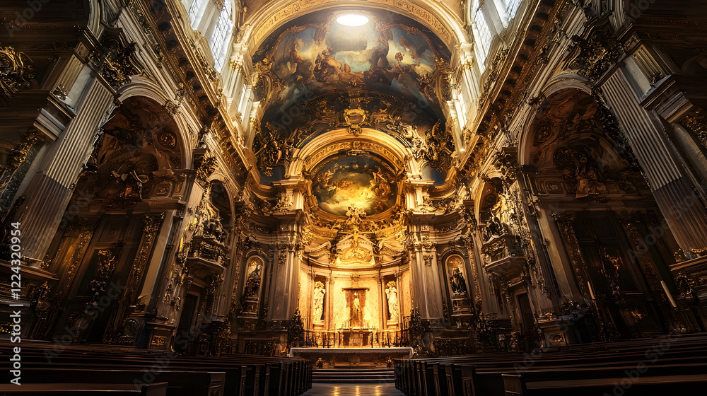 Fototapeta premium Baroque Cathedral Interior with Ornate Design and Dramatic Lighting Highlighting Divine Artistry : Generative AI