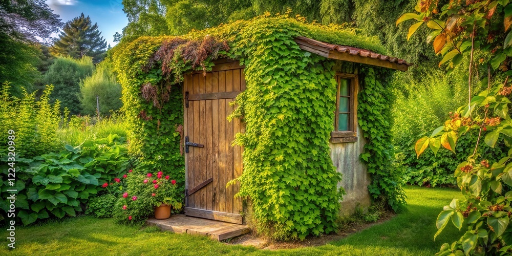 Secluded Garden Shed Hidden by Vines - Rustic Summer Cottagecore Stock Photo Secluded Garden Shed Hidden by Vines - Rustic Summer Cottagecore Stock Photo