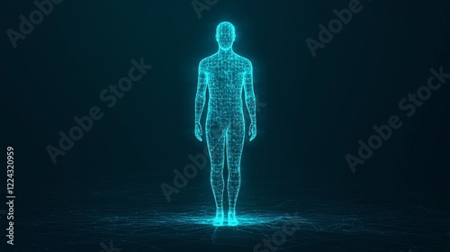 Futuristic glowing human network standing on digital ground, ideal for technology or science concepts
