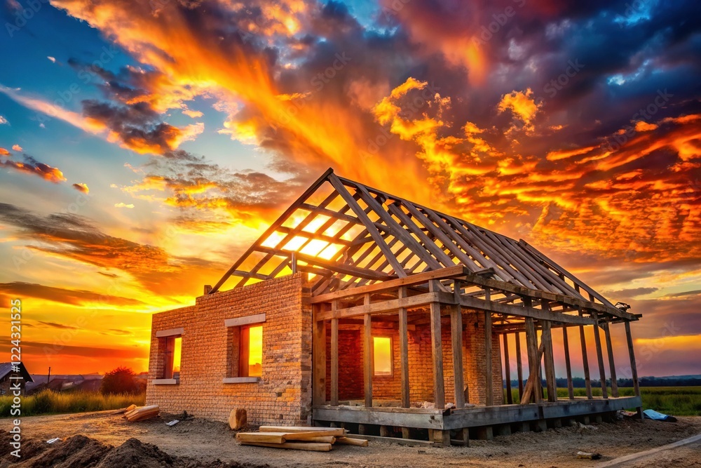 Obraz premium Silhouette of Brick House Construction Site at Sunset - Wooden Roof Trusses Visible