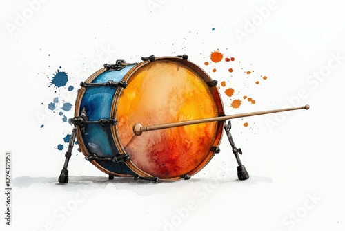 A colorful artistic rendering of a drum with vibrant splashes of paint, perfect for music and creativity themes. photo