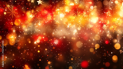 Festive Abstract Background with Bokeh Lights, Snowflakes, and Stars in Red and Gold