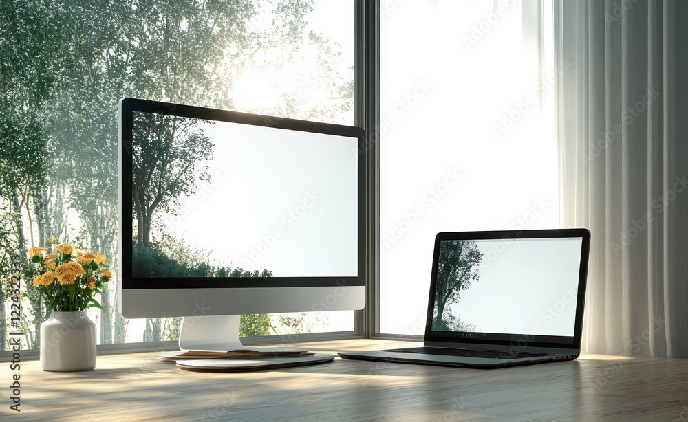 Fototapeta premium Minimalistic Representation of Desktop and Laptop in Modern Interior Setting with Natural Lighting