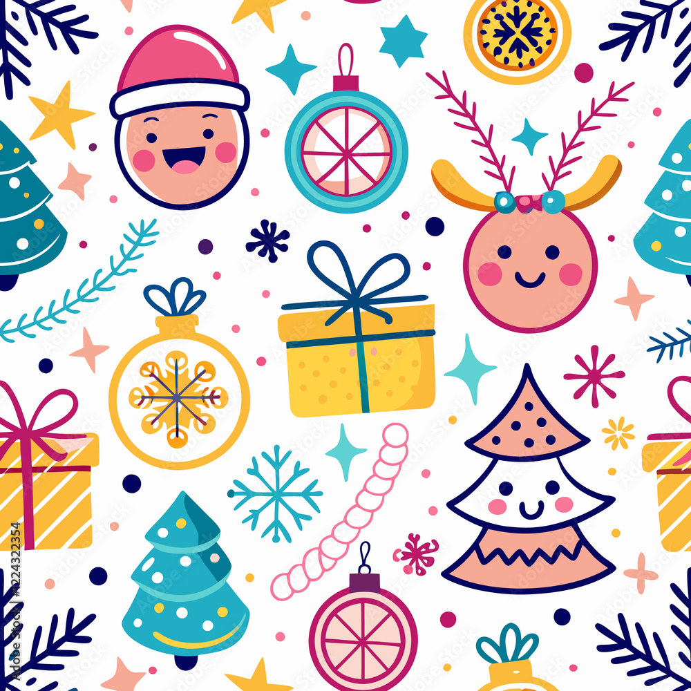 Fototapeta premium Cheerful Christmas seamless pattern with cute characters and festive elements.