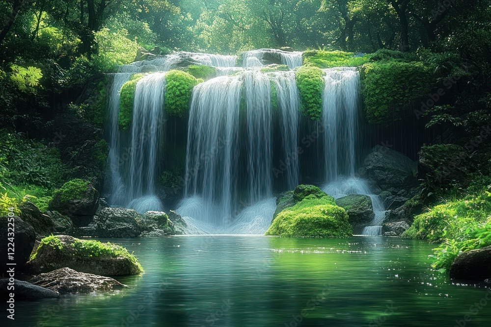 Serene Waterfall Cascading in Lush Forest with Green Mossy Rocks Serene Waterfall Cascading in Lush Forest with Green Mossy Rocks