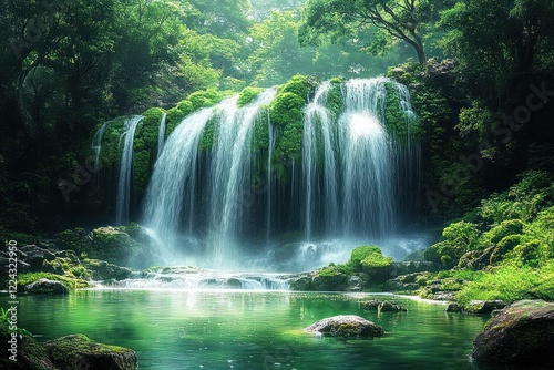 Serene Waterfall in Lush Forest with Cascading Water and Mossy Rocks