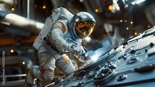 An astronaut diligently working on a spacecraft amidst flying sparks while floating in the vastness of outer space