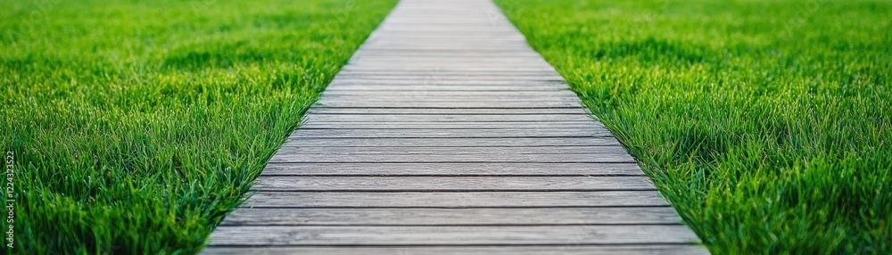 Serene Wooden Pathway Through Lush Green Grass Tranquil Nature Scene Serene Wooden Pathway Through Lush Green Grass Tranquil Nature Scene