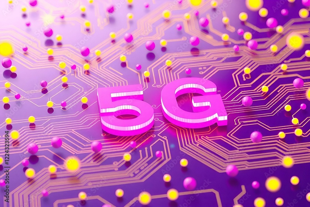 Fototapeta premium Stylized 5G symbol on a vibrant circuit board with colorful dots and connections