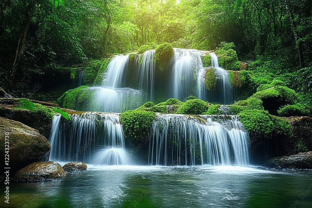 Fototapeta premium Waterfall Stream Cascading Through Lush Forest with Green Moss Covered Rocks