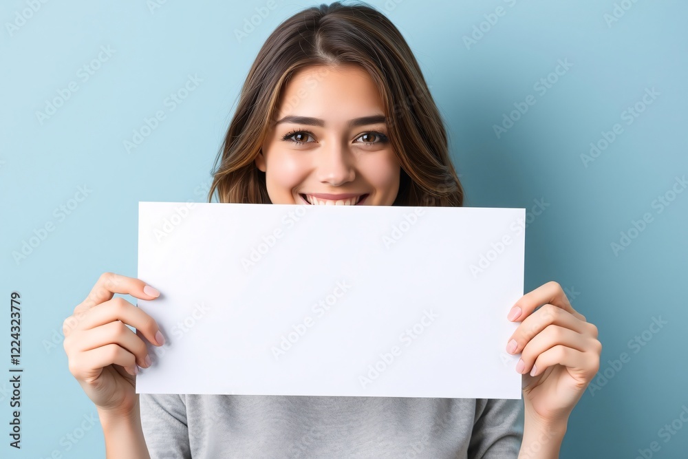 A cheerful woman holding a blank paper sign, set against a light blue background, smiling brightly at the camera. A cheerful woman holding a blank paper sign, set against a light blue background, smiling brightly at the camera.