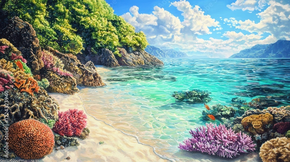 Naklejka premium Serene Tropical Beachscape: Vibrant Coral Reef and Crystal-Clear Waters