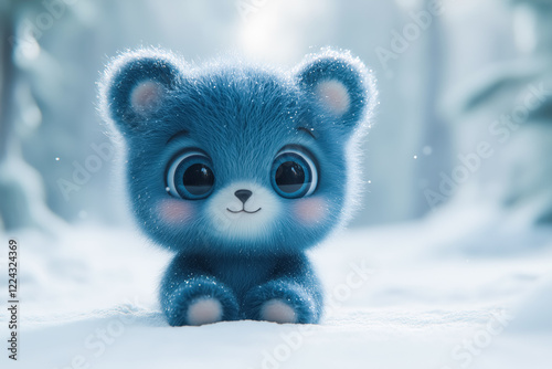 Adorable fluffy blue bear cub in snowy winter wonderland