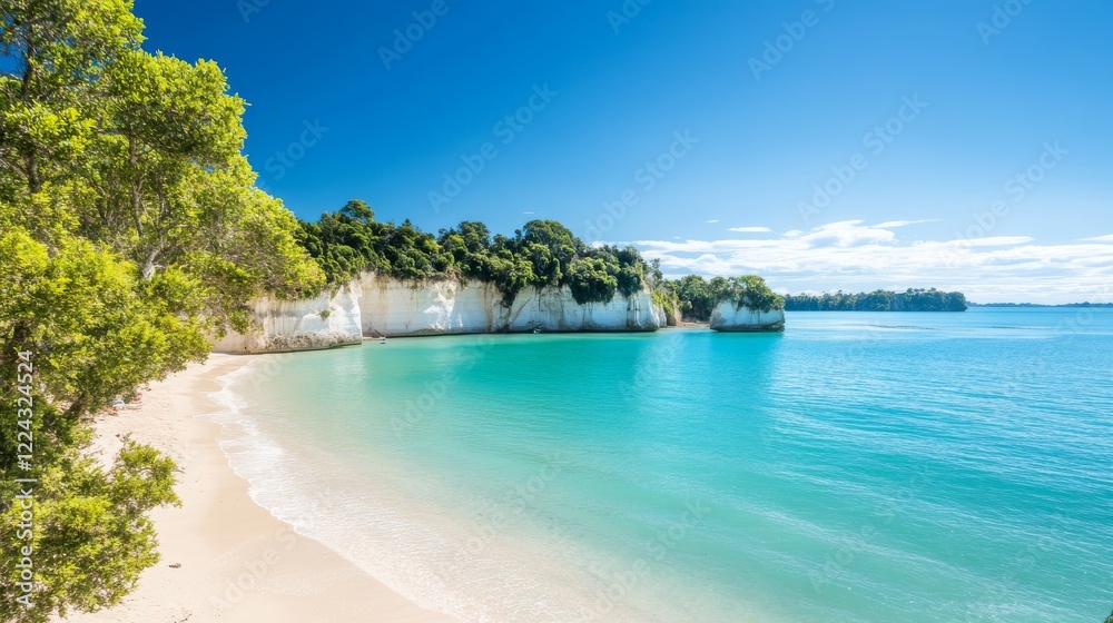 Secluded white sand beach cove, turquoise water, lush greenery, sunny day, island background, perfect travel destination Secluded white sand beach cove, turquoise water, lush greenery, sunny day, island background, perfect travel destination