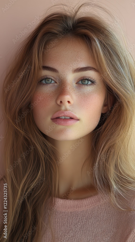 Surprised Girl with Long Hair in Soft Focus Pink Background Natural Light Portrait Surprised Girl with Long Hair in Soft Focus Pink Background Natural Light Portrait
