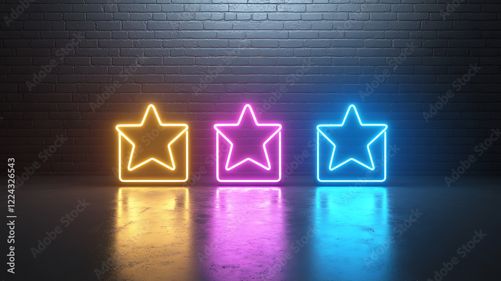 Fototapeta premium Three Neon Stars in Square Boxes Illuminated Against a Dark Brick Wall