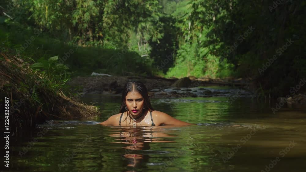 Beside the river, a girl in a black dress feels content. Beside the river, a girl in a black dress feels content.