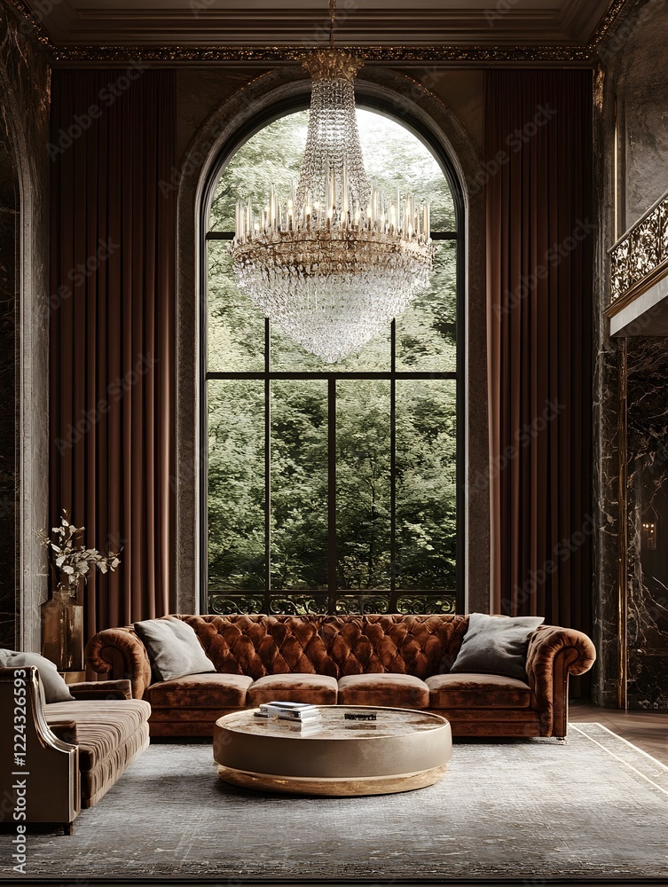 Fototapeta premium A luxurious living room with a crystal chandelier, velvet drapes, and gold accents.