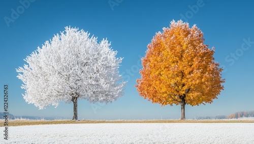 Wallpaper Mural Two trees, one frosted white, one autumn orange, stand side-by-side in a snowy field under a clear blue sky. (1) Torontodigital.ca