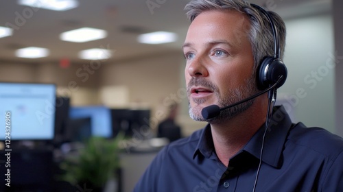 Customer service agent speaking on a headset in an office photo