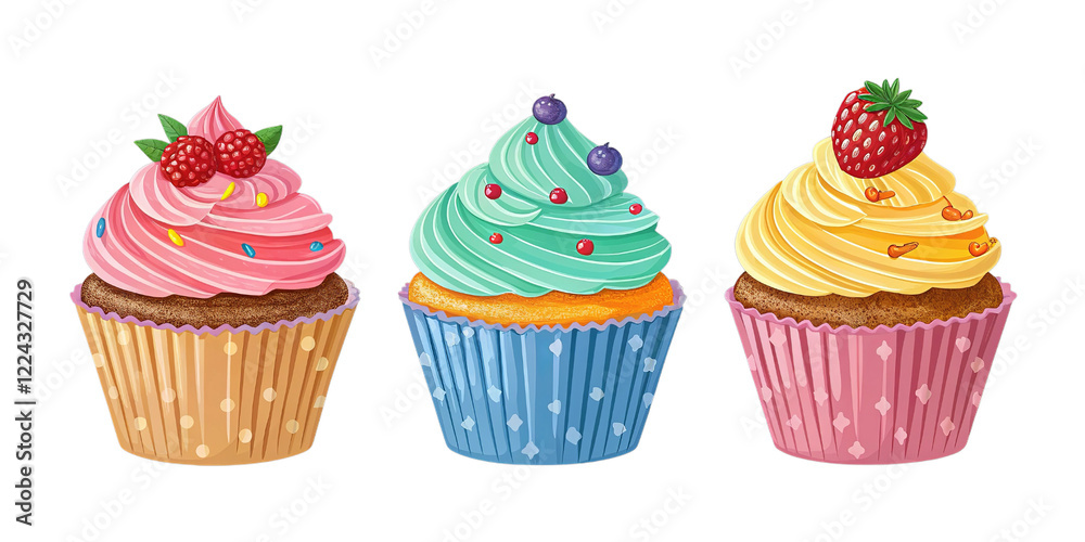 Collection Set of Colorful Cupcakes Isolated on Transparent Background for Bakery and Party Designs. Collection Set of Colorful Cupcakes Isolated on Transparent Background for Bakery and Party Designs.