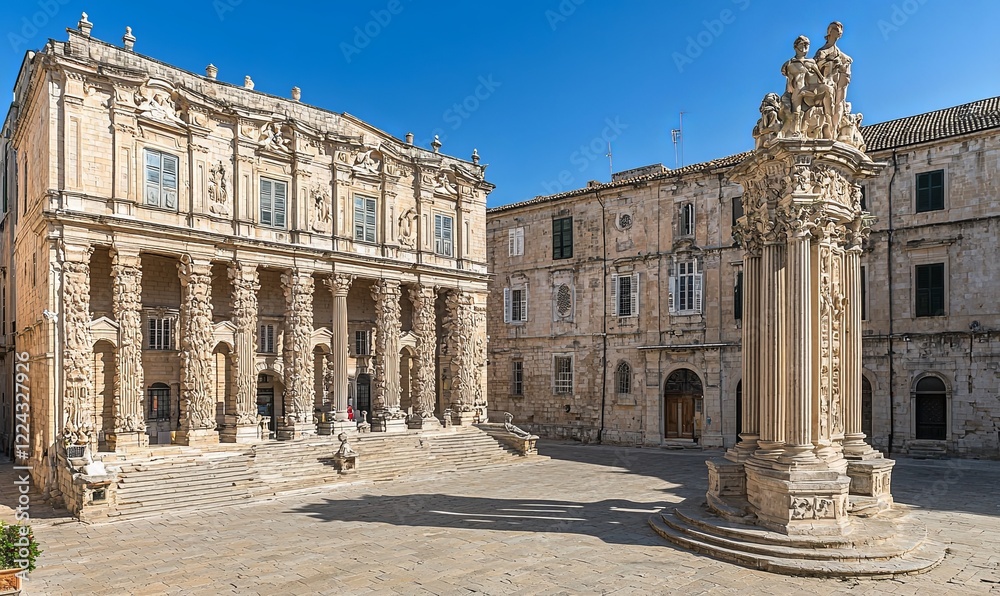 Obraz premium Lecce, Italy Piazza Duomo with cathedral, column statue under blue sky