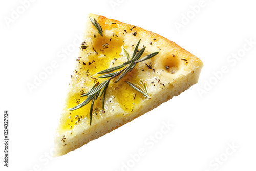 Slice of rosemary focaccia bread drizzled with olive oil isolated on white or transparent, PNG